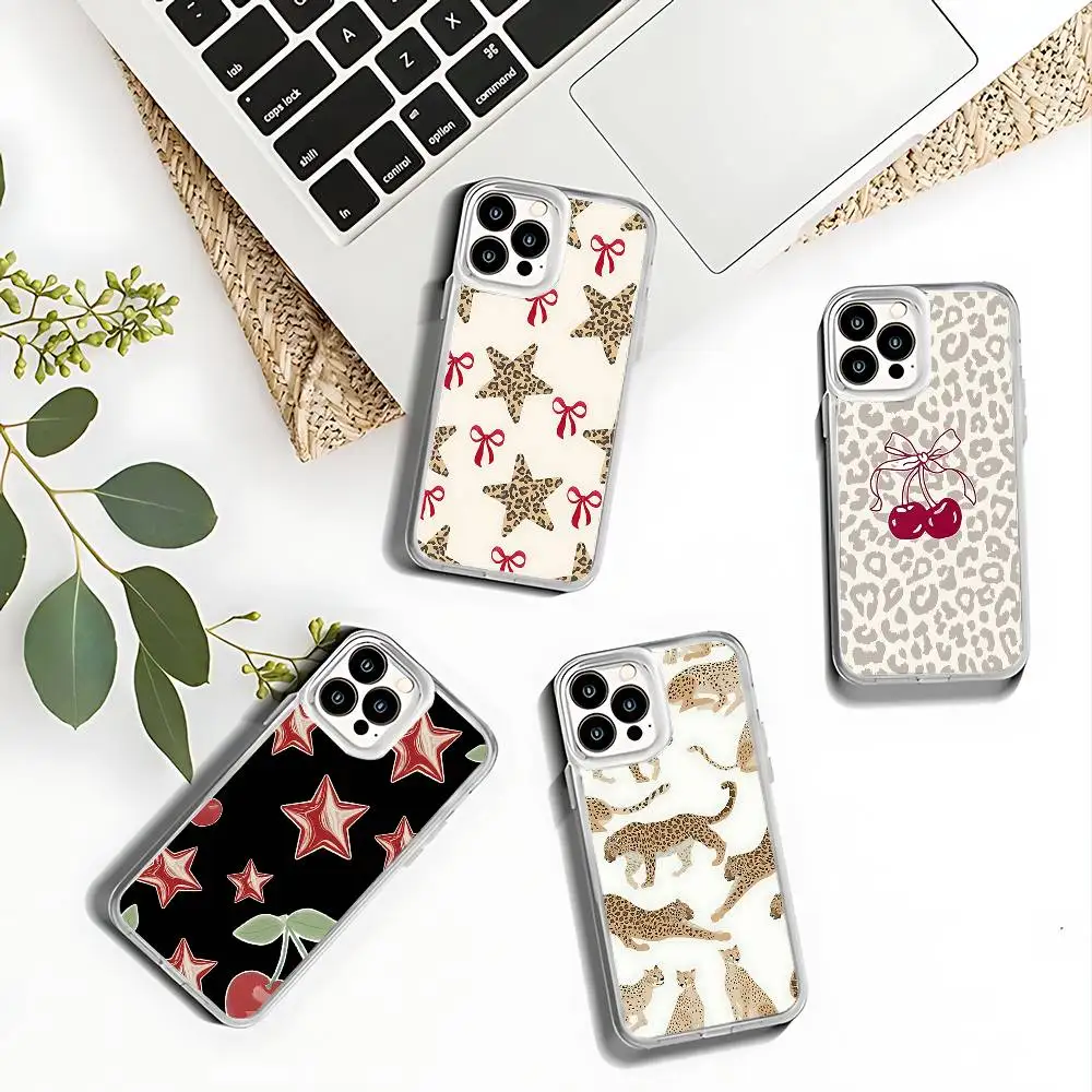 

Leopard Print Cherry Star Phone Case For iPhone 17,16,15,14,13,12,11 Pro,Max,Plus,X,XS,XR,SE4,E Mini Transparent Soft Cover