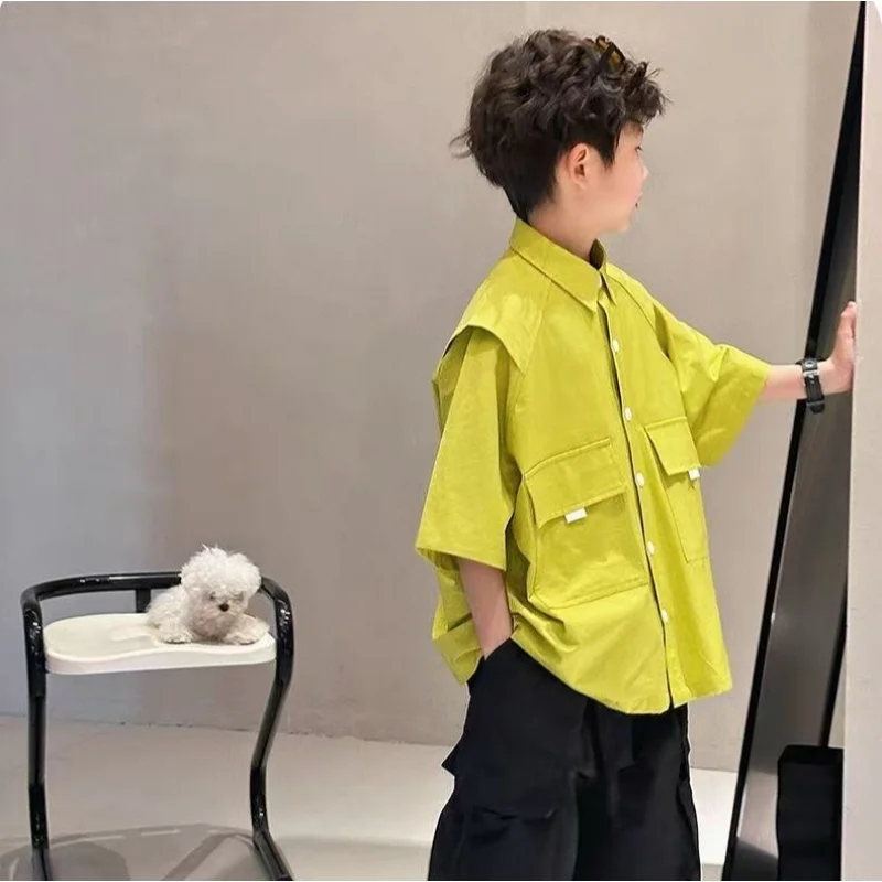 2026 Summer New Boys' Short Sleeve Shirt  Kids' Cotton Breathable Casual Shirt Trendy Outerwear 5-14Years