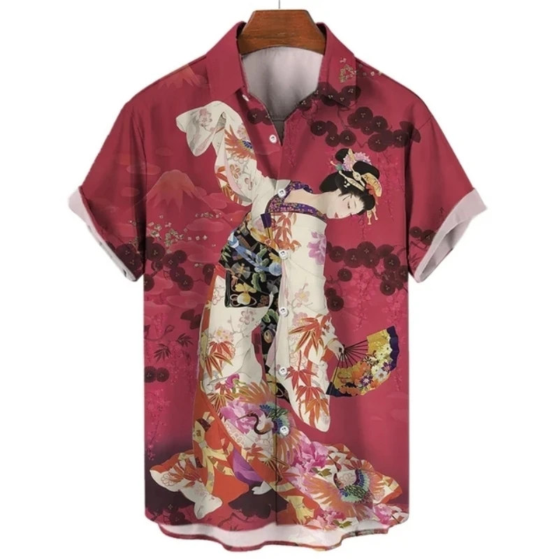 Camisa curta havaiana masculina com estampa 3D, blusa masculina, roupa casual, Yamato Geisha, Japão, moda flor, verão