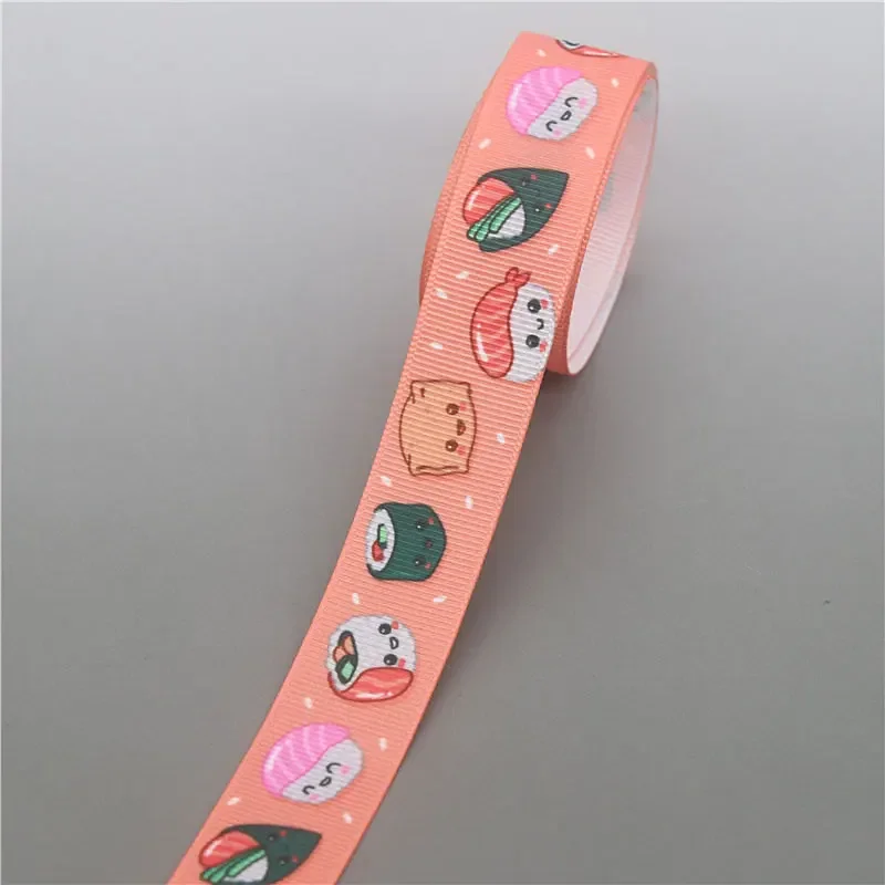 DUWES 50yards Drink Food Sushi Fries Beer Cheese Cupid Cookie Egg Peanut Printed Grosgrain Ribbon Collar DIY Sewing Craft D2607