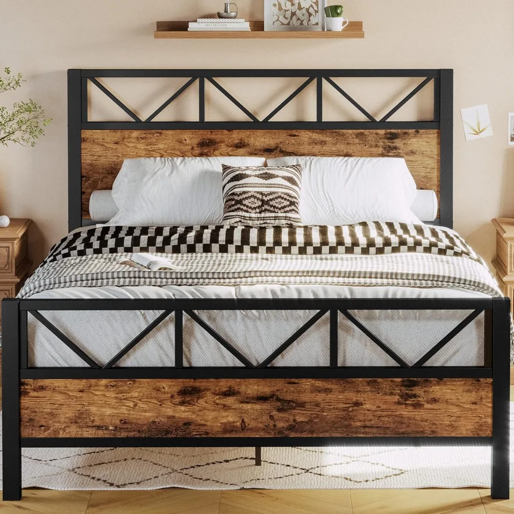 LIKIMIO Queen-Size Bed Frame with Tall Industrial Headboard, 51.2-Inch High, Platform Design with Metal Support for Strength and