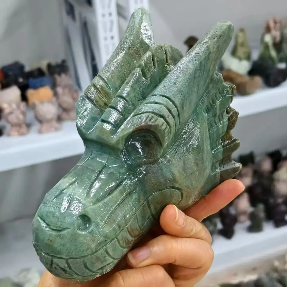 Natural Marine Jadeite Dragon Head, Quartz Crystal Marine Jadeite Original Stone Carving, Dragon, Mineral Healing