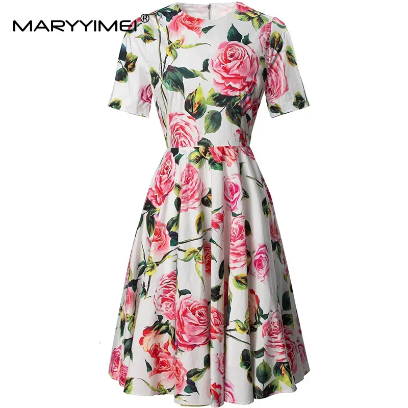 

MARYYIMEI Fashion design Women's Summer New Dress Short Sleeve Slim Rose Print Casual Holiday A-Line Dresses