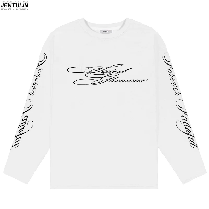 2025 American Retro Washed Trendy Pattern Letter Printed Long Sleeved T-shirt Casual Loose Street Style Printed Top Street Wear