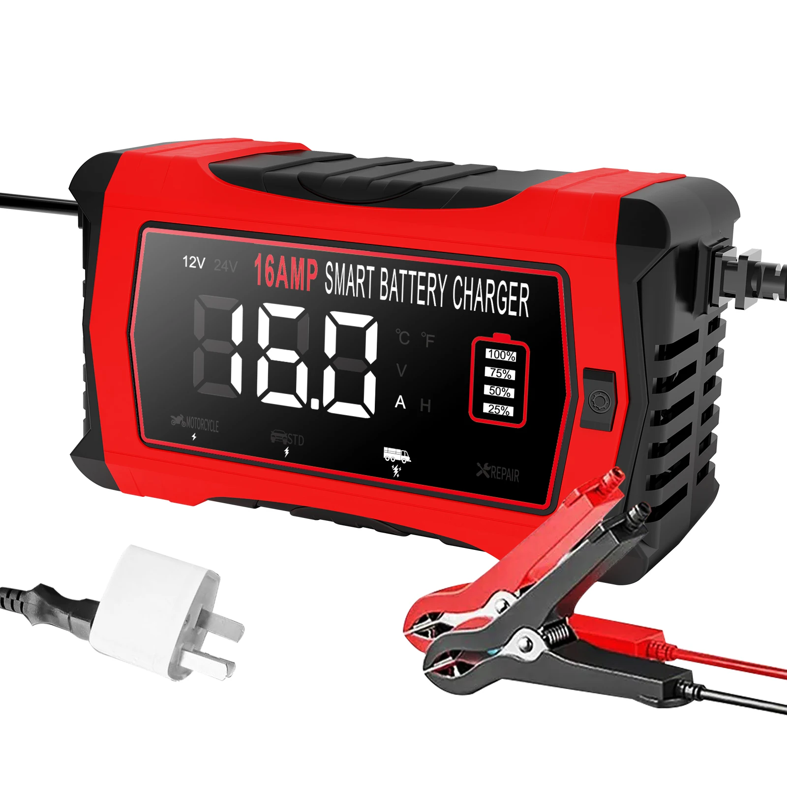 6V 12V 24V 16A Universele Reparatie Auto Acculader Intelligente Reparatie Motorfiets Oplader voor Lood-zuur AGM GEL LiFePO4 Batterij