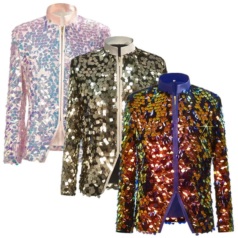 

Large Block Sequin Decoration Luxurious Jacket Fashion Men's Bar KTV Casual Coats Singer Stage Performance Dress