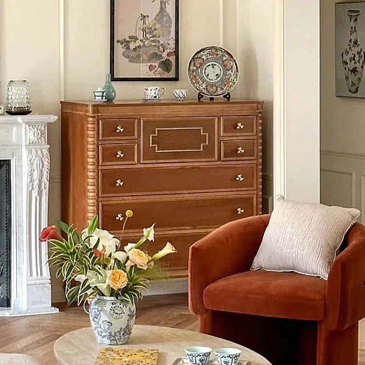 French retro solid wood carving flower chest cabinet ash wood retro old storage wall decorative storage