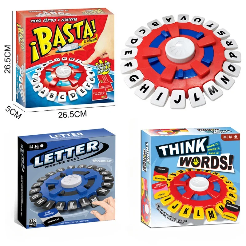 New Basta Spanish word game Fast-paced family board game with quick thinking letters according to Tapple game version en espanol