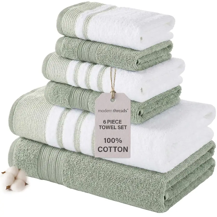 

6 Piece Set, 2 Bath Towels, 2 Hand Towels, 2 Washcloths, Quick Dry White Contrast Reinhart Sage