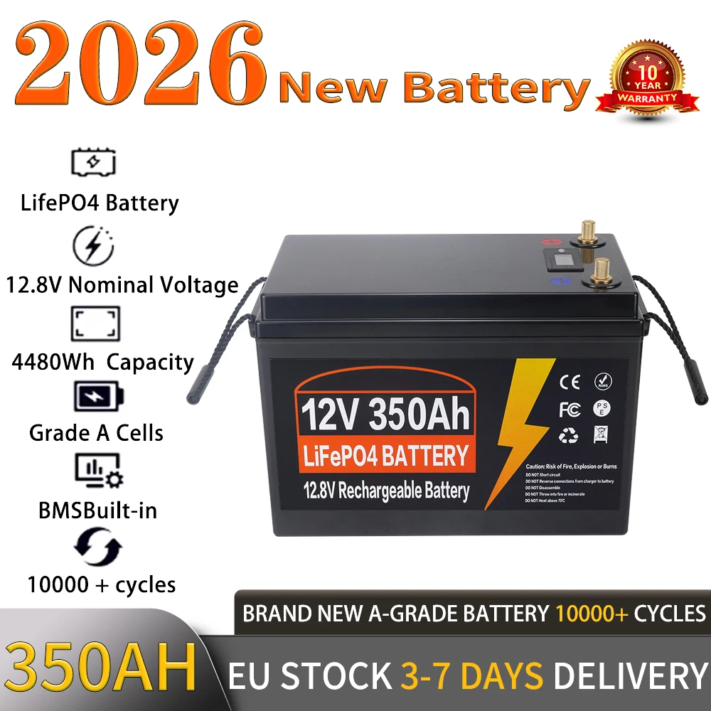 NONE Batteria al litio ferro fosfato LiFePO4 da 12V 350Ah con BMS integrato per camper, campeggio all'aperto, carrelli, accumulo solare, veicoli elett
