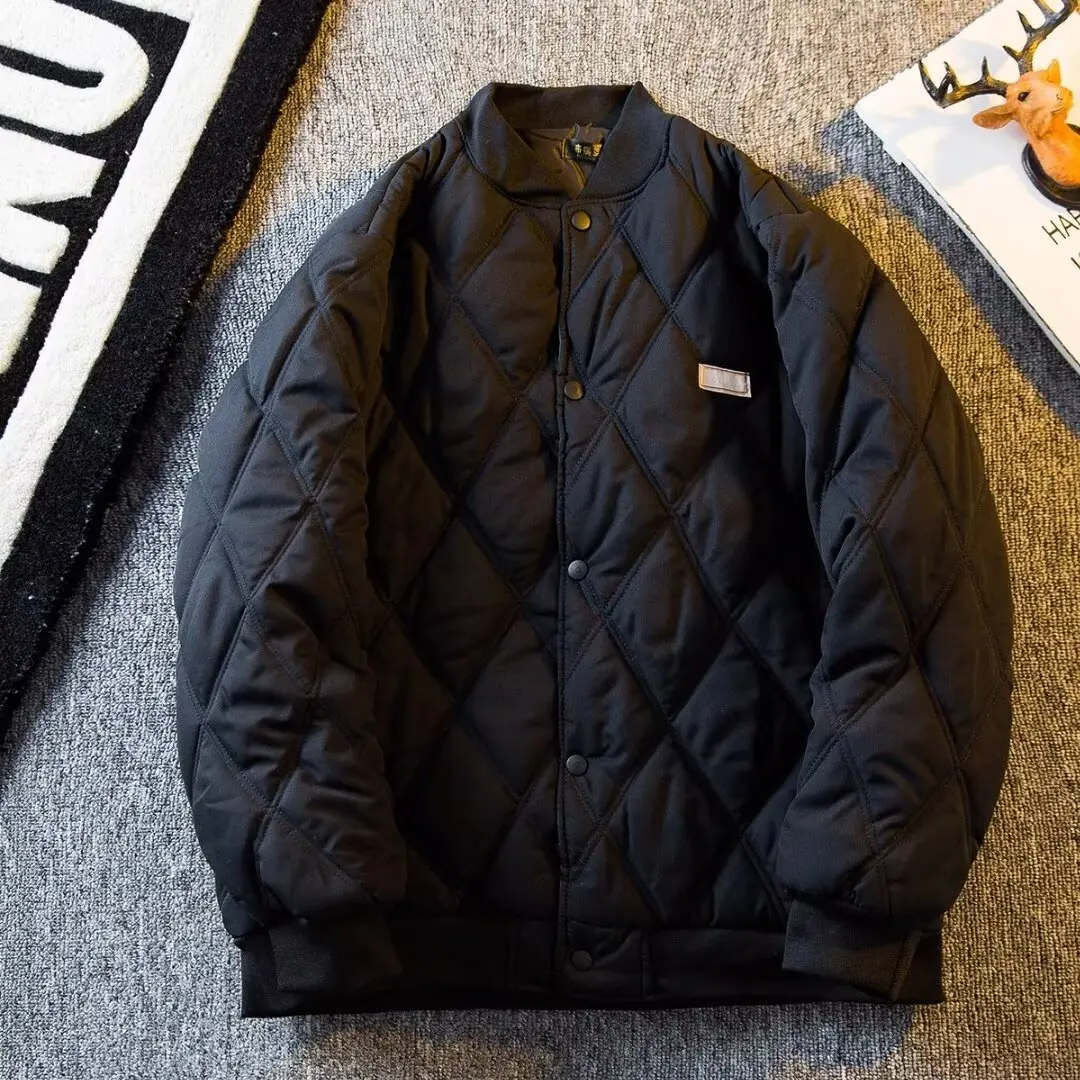 

Mens Diamond Quilted Cotton Jacket Winter Korean Japanese Retro Casual Baseball Coat Padded Outerwear