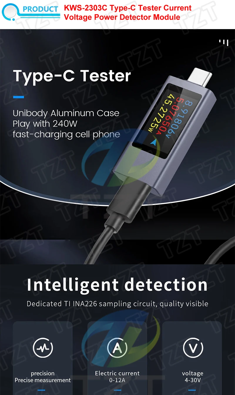 KWS-2303C Multifunktions-Digitalanzeige DC-Spannungsmesser Amperemeter Leistungsmesser Typ-C Handy-Ladetester DC 4-30V 0-12A – Detail 1