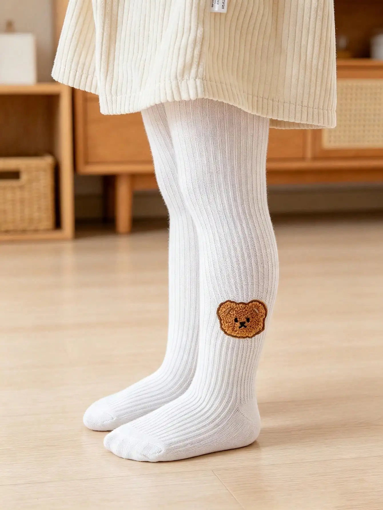 1/3Pcs Girls Bear Embroidery Ribbed Tights Spring Autumn Soft Elastic Kids Pantyhose, Daily Dress Matching Cute Children Outfits