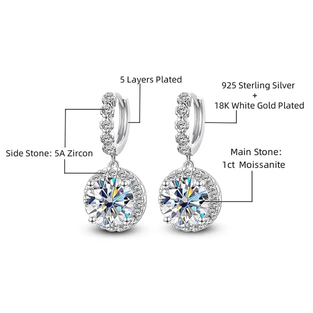 JoyceJelly 1ct colorful Moissanite Round Cut VVS D-color 925 Sterling Silver Earrings For Female Luxury Wedding Ear Jewelry