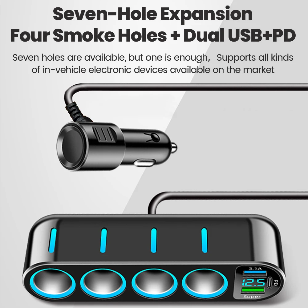 66W Multi-Function Digital Display Car Fast Charger USB/Type C Charge Adapter One to Four Car Cigarette Lighter Socket Splitter