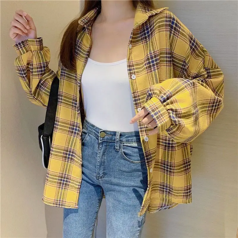 Vintage Long Sleeve Oversized Plaid Shirt Women Autumn Winter Korean All-match Lapel Pocket Shirts Loose Fit Blouse for Mujer