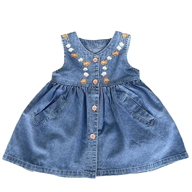 2026 Summer New Baby Girl Sleeveless Denim Dress Versatile Summer Outerwear Girls Embroidered Long Dress