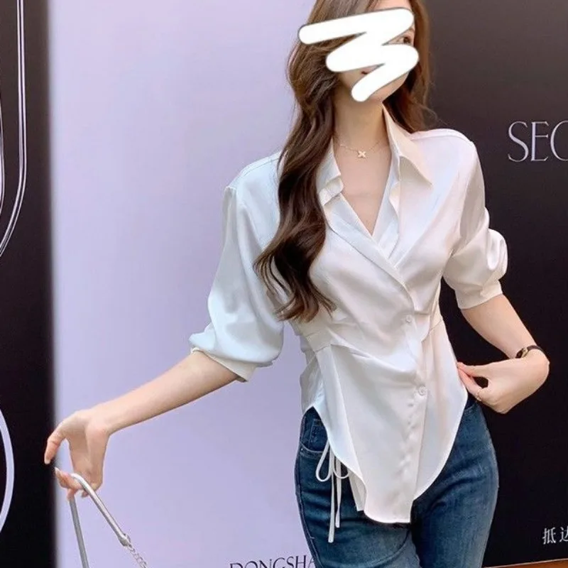 2024 New French White Satin Shirt Women\'s Spring Autumn Light Mature Wind Temperament Sunscreen Shirt Fishbone Drawstring Top