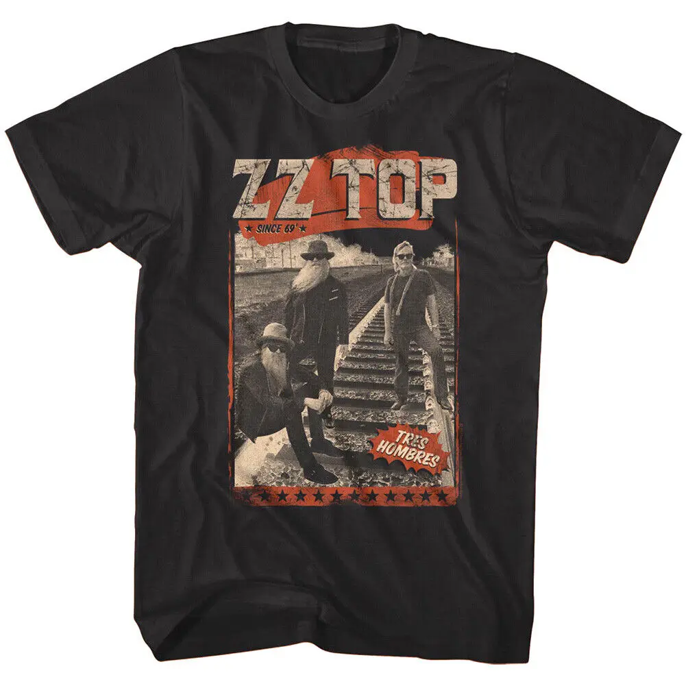 ZZ Top Tres Hombres Mens T Shirt Railroad Train Tracks Rock Band Beards Concert