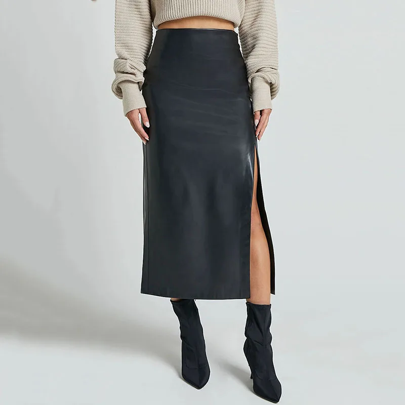 

Autumn Winter PU Leather Long Skirt Woman Sexy Side Split Slim Package Hip Skirts Zipper High Waist Office Lady Pencil Skirt