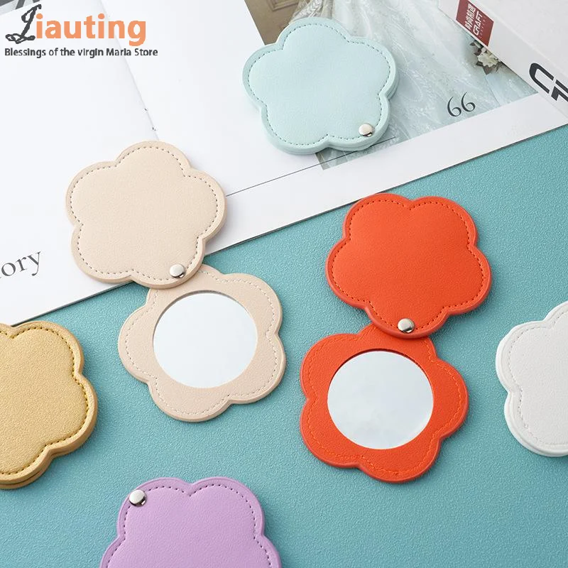 

Cute Portable Flower Shape Compact Mirror Solid Color Unbreakable Makeup Mirror Rotating PU Leather Cosmetic Mirror Travel