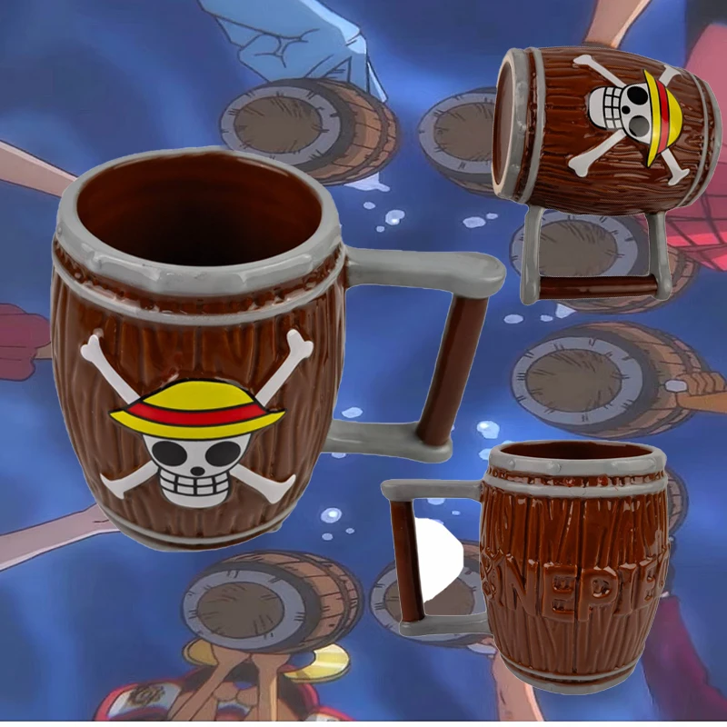 Mug en céramique en forme de baril en bois One Piece : Mug rétro à effet bois, grande capacité, mug à bière ou verre à shot