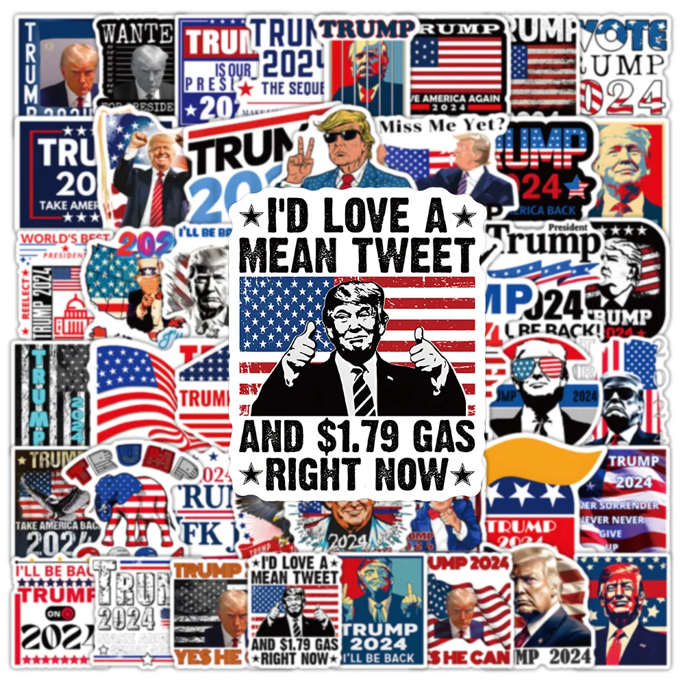 53pcs trump 2024 sticker Presidential Election for Luggage Motorcycle Helmet Skateboard Phone Funny Stickers Scrapbooking Materi