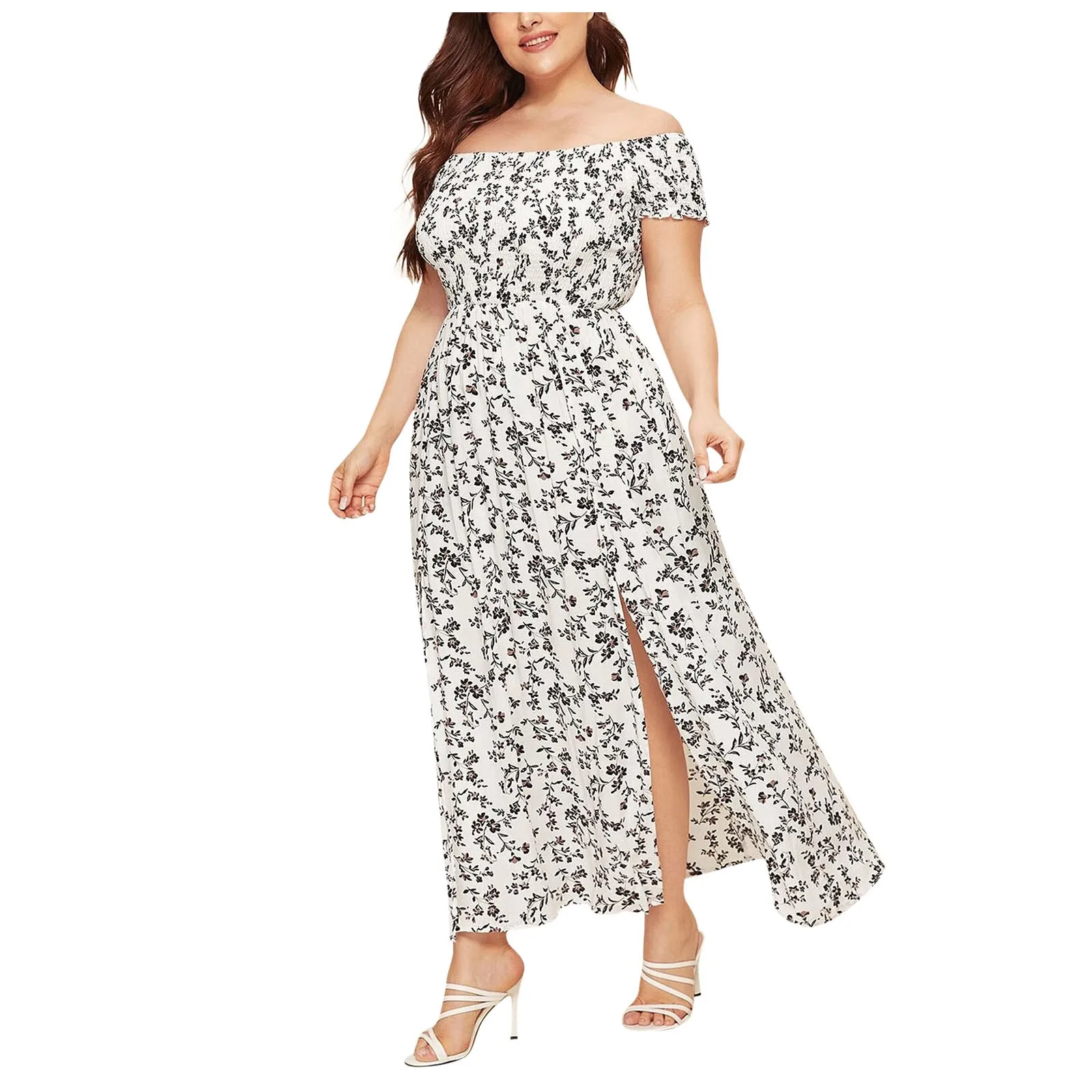 2024 New Women Summer Plus Size Dress Chest Wrapped Short Sleeve Split Flowy Hem Off Shoulder Print Maxi Boho Dress Streetwear