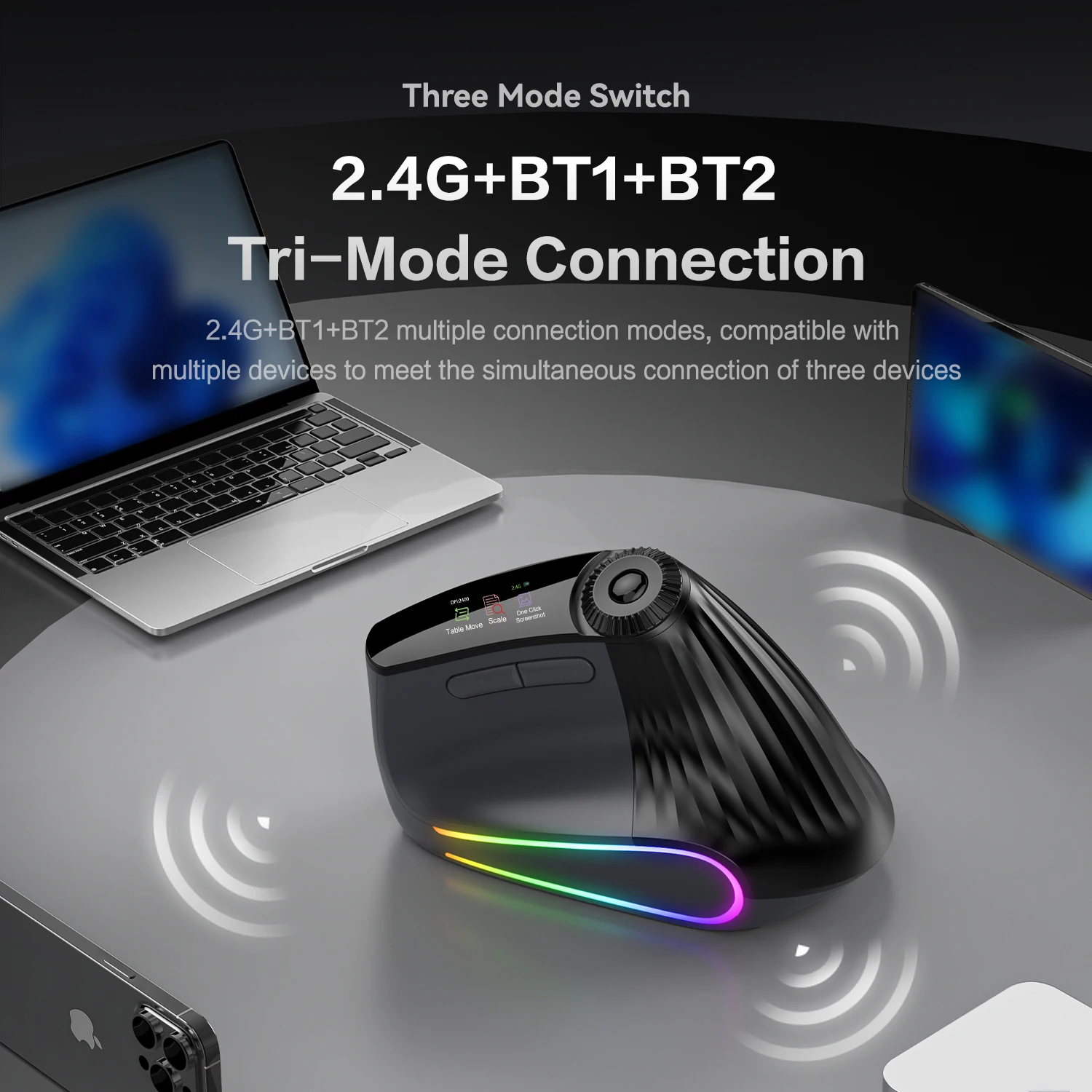 Ergonomic Bluetooth&2.4G Wireless Vertical Mouse for PC/Laptop/Tablet,Mice with Screen Display/Speed Roller/Backlit,Rechargeable