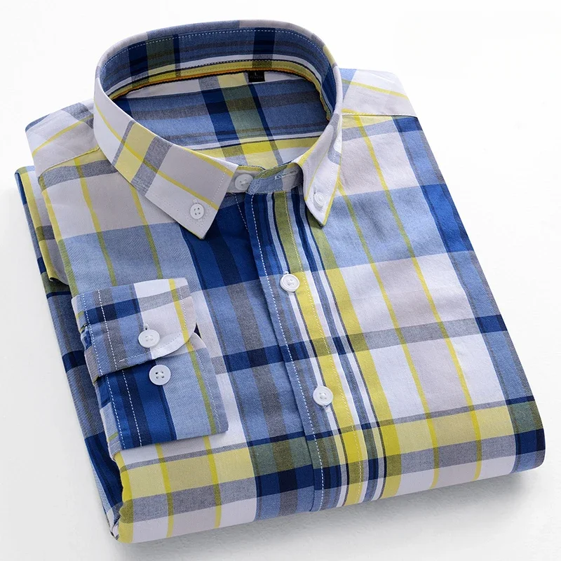 100% Cotton Fashion Korean Trends Long-Sleeve Shirts for Men Slim Fit Casual Plain Shirt Plaid Striped Tops Soft Designer Clothe