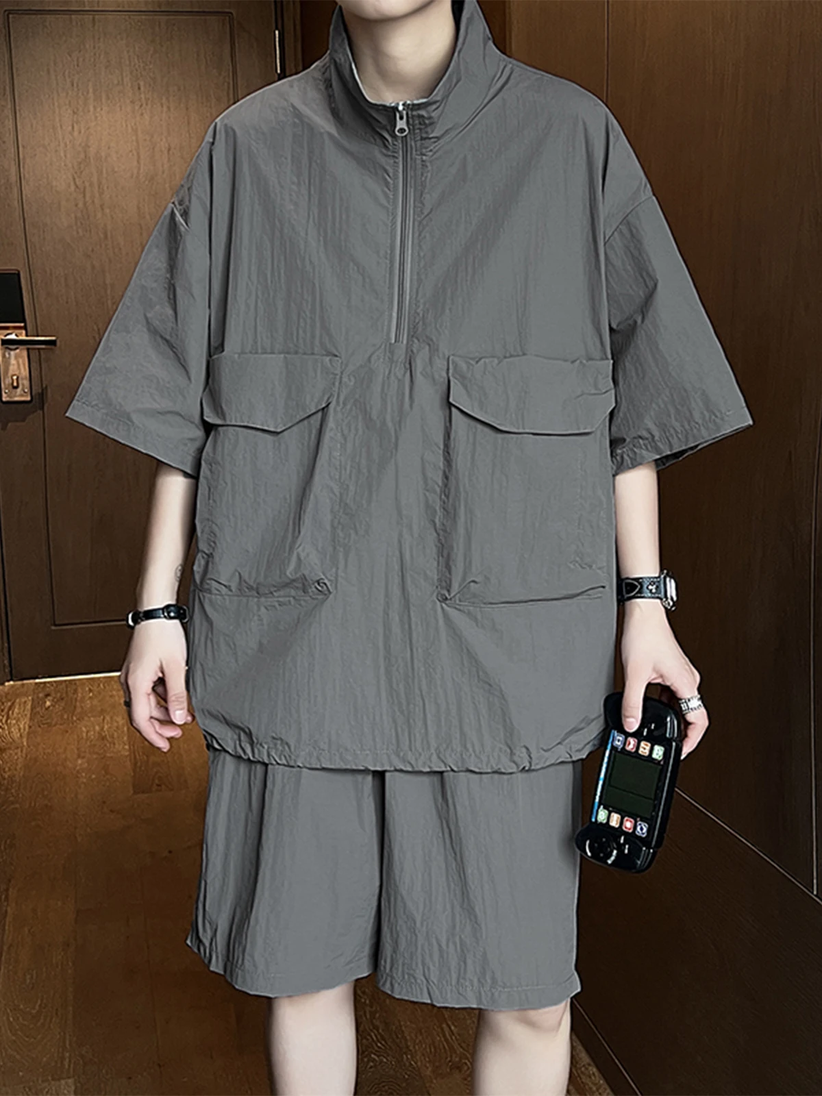 

Lightweight Quick Dry Short Sleeve Shorts Set Loose Fit Casual Workwear Half Zip Shirt for Men Summer Two-Piece Suit