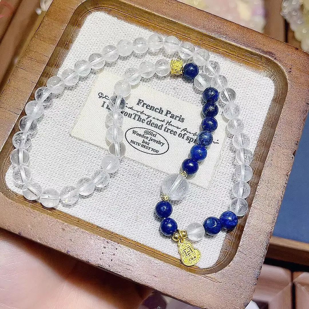 

Natural white crystal lapis lazuli round bead bracelet 6mm double circle stacking, niche design jewelry