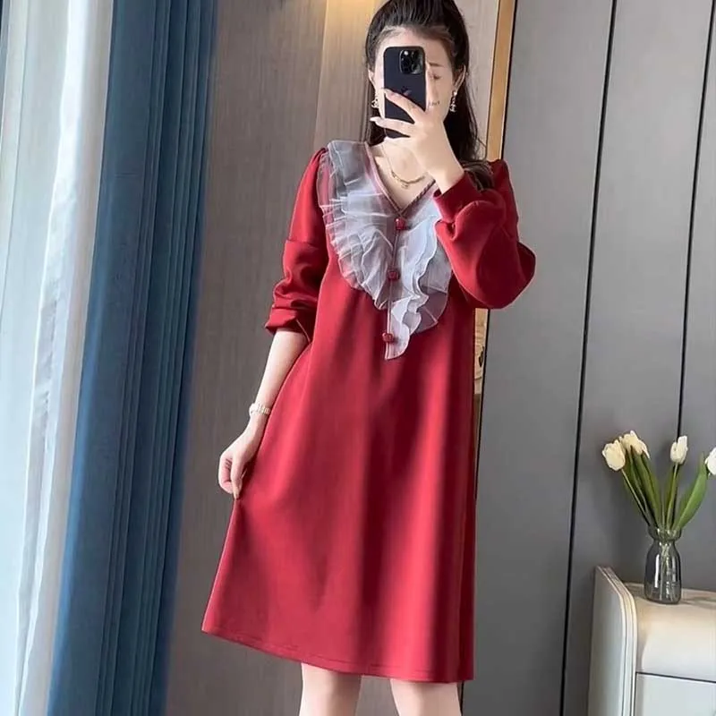 Fashion V-Neck All-match Spliced Button Ruffles Mini Dress Women\'s Clothing 2023 Autumn Winter Loose Commuter Ladies Dresses