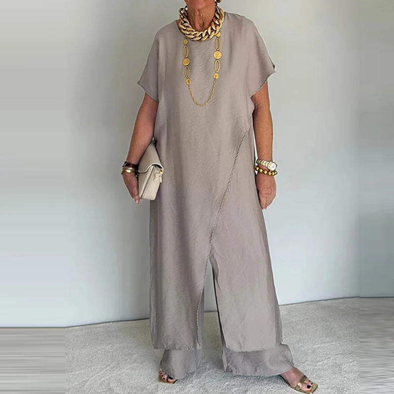 Damen Casual Weites Bein Pendler-Outfits Elegante Schlichte Einfarbige Lose Lange Hosenanzüge Mode O-Ausschnitt Unregelmäßiges Langes Oberteil & Hosen-Set