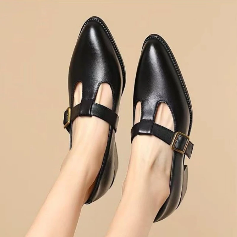 Women\'s Single Shoes Summer New Pointed Professional Buckle Leather Shoes Fashion Temperament Comfortable Commuter Oxford Shoes