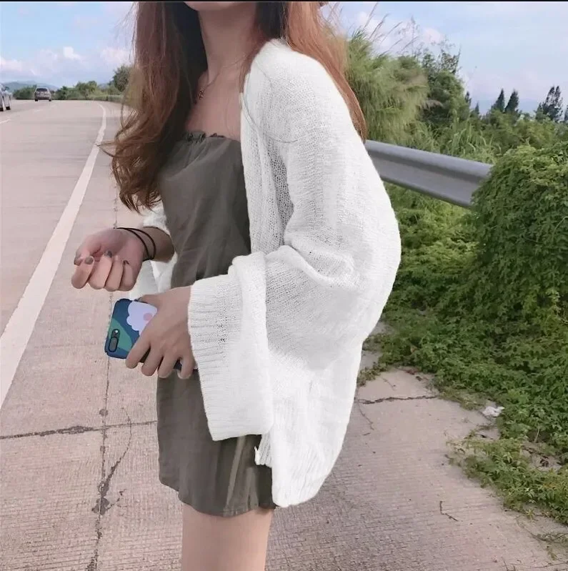 Knitted Cardigan for Women Summer Oversized Knit Loose Coat Sweater Korean Top Solid Cropped Cardigan Y2k Sweater Beach Blouses