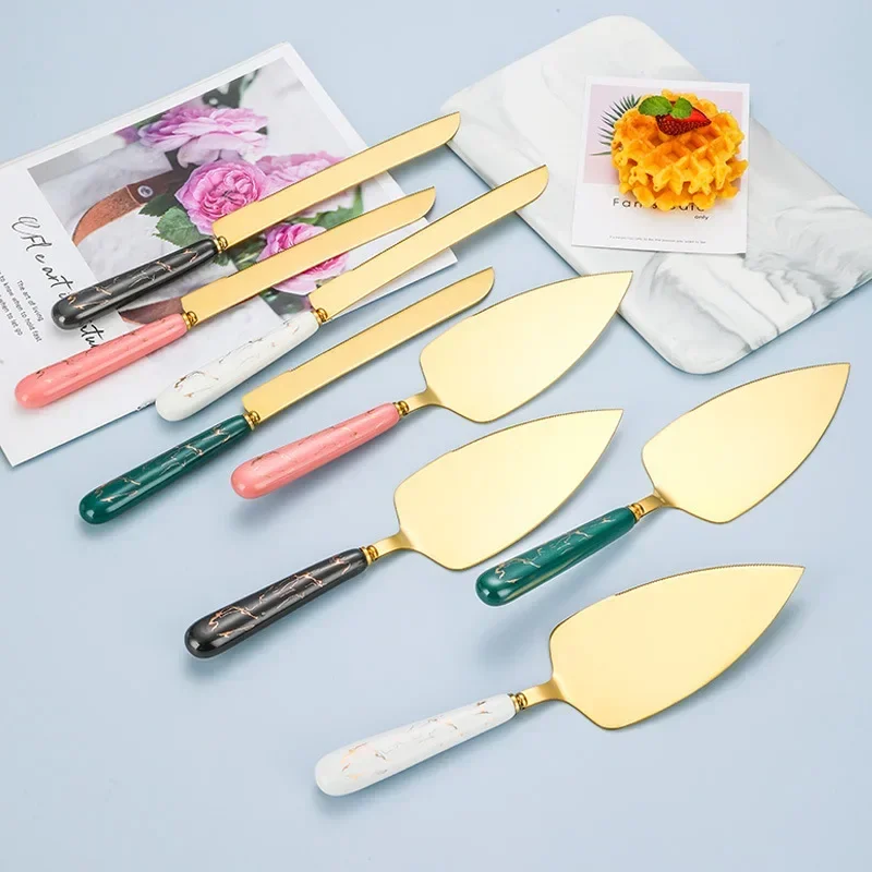2pcs ceramic handle stainless steel cake shovel baking tool cheese knife pizza shovel triangle shovel