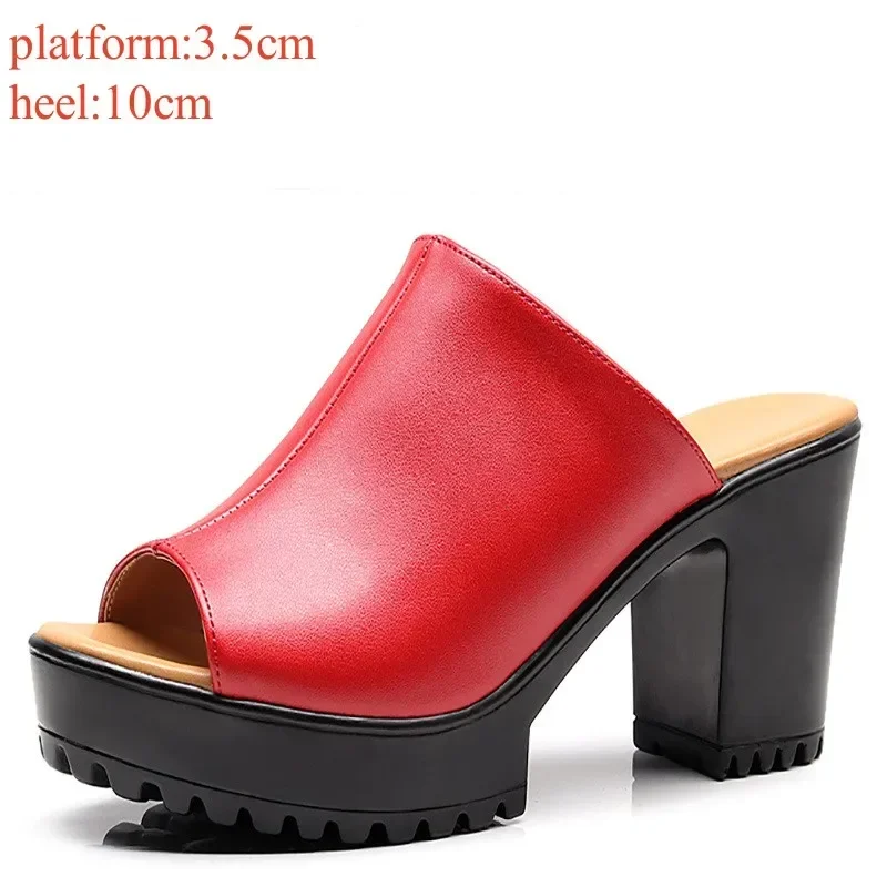 Sexy Small 33-43 Open Head Leather Slippers Women\'s Platform Shoes Summer 2024 Block High Heels Slides for Office Beach Mom