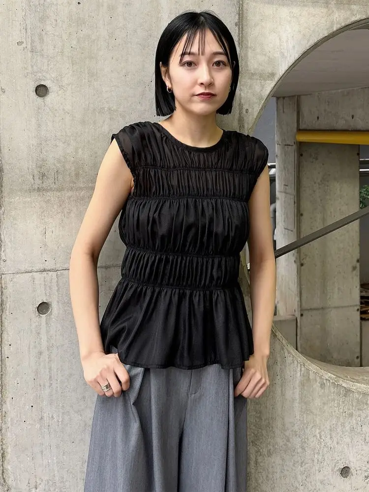 

DU+ mat Japanese Sle irt Lightweight See-tough Svel Top with Pleated Design Polyester Fiber Ladies' irt