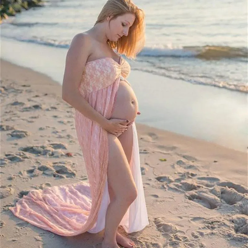 

Lace Long Maternity Photography Prop Dresses Sexy Split Front Pregnancy Dress Photo Shoot For Pregnant Women Maxi Maternity Gown