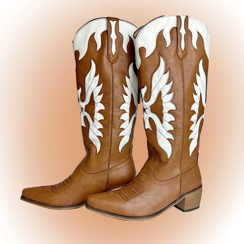 IPPEUM Cowboy Boots For Women Retro Embroidery Leather Texana Country Music Festivals Wear Brown Knee High Western Cowgirl Shoes