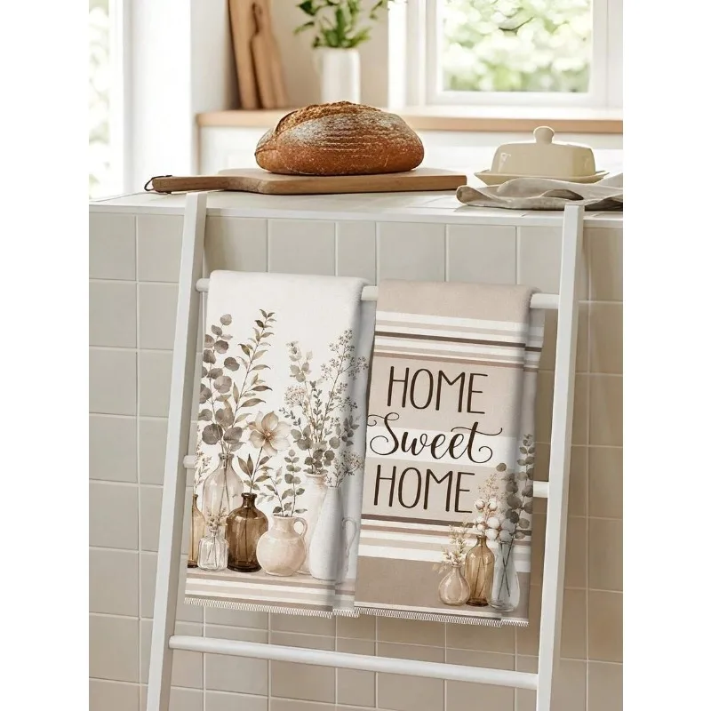 2pcs Minimalist Daily Brown Plant Sweet Home Pattern Kitchen Towels, Soft Polyester Dish Cloths, Suitable For Kitchen Decor