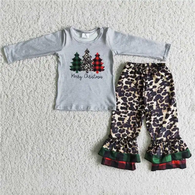 

2022 Baby Western Girls Christmas RTS Grey Christmas Tree Long Sleeve Shirt Leopard Pants Suits Hot Selling For Kids Fashion