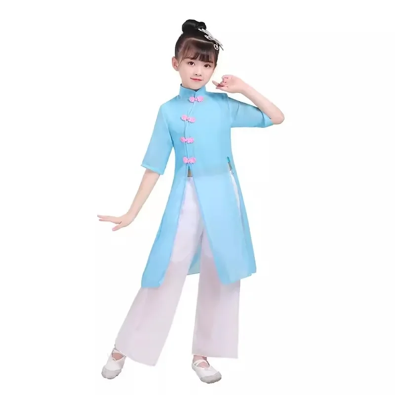 Vestido nacional chinês de dança yangko para crianças, traje de fã da menina, palco, roupa de dança guarda-chuva, roupa infantil