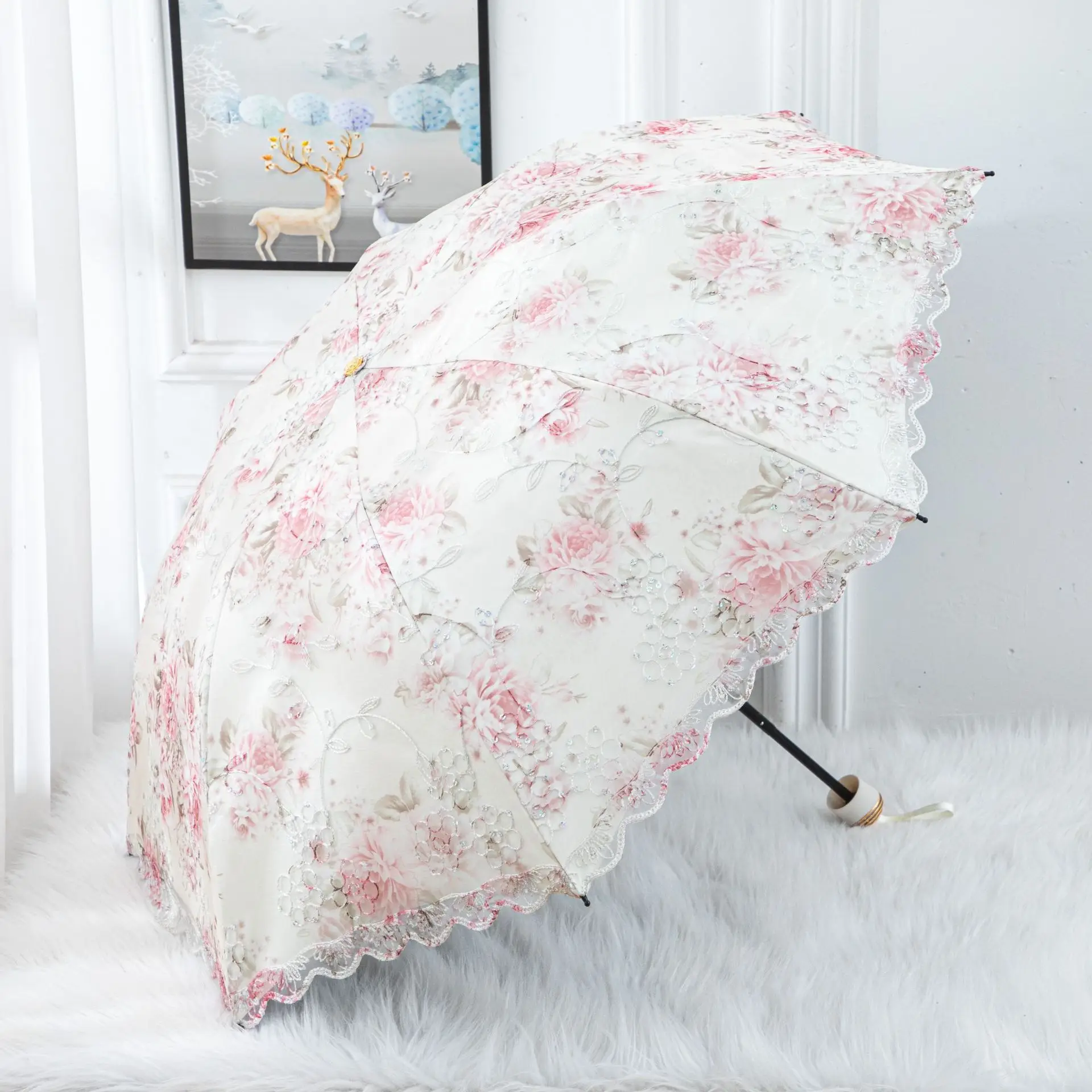 Sunshade Lace Lace Umbrella Double-layer Sunscreen Sunny Umbrella Double 8 Skeleton Three-fold Female Princess Cute UV Umbrella