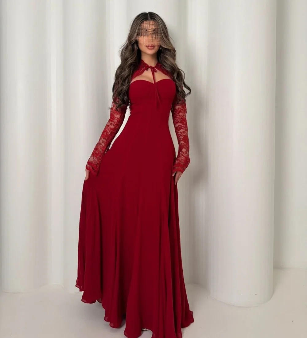 

Customized Sexy Fashion Red Chiffon Pleat Lace A-line Sweetheart Long Dresses Evening Dresses Modern Style for Woman Classic
