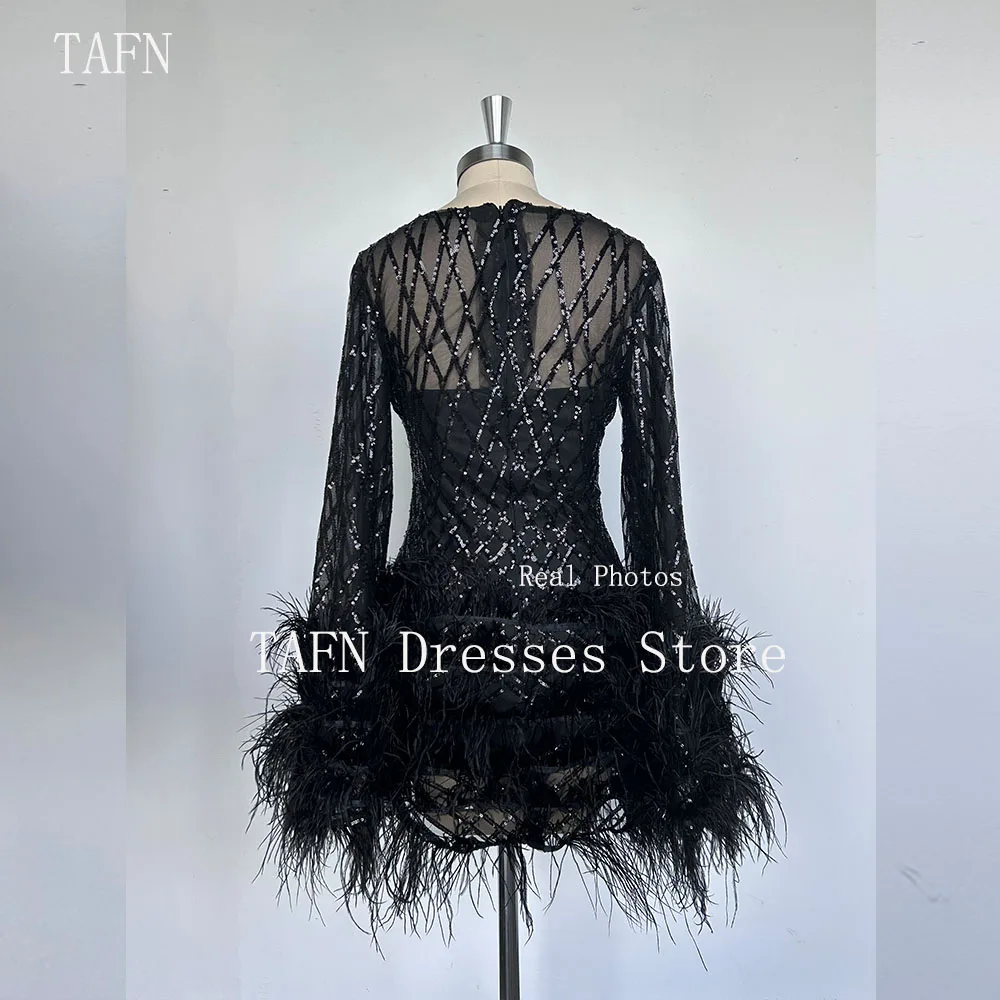 TAFN Black Short Prom Gown Scoop Collar Full Sleeves A-line Feather Sequined Luxury Evening Dresses Real Photos Customized