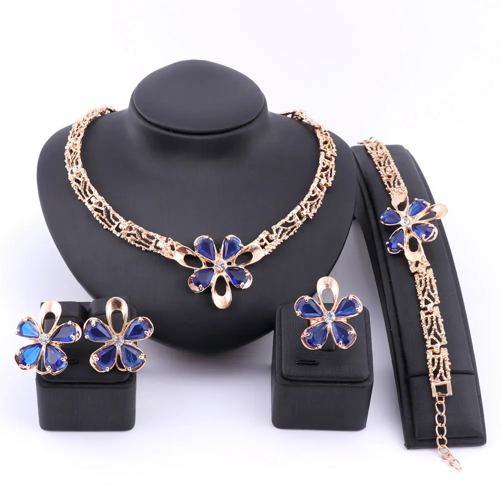 Women\'s Wedding Bridal Bridesmaid Zircon Crystal Statement Necklace Bracelet Ring Earrings Party Costume Jewelry Set