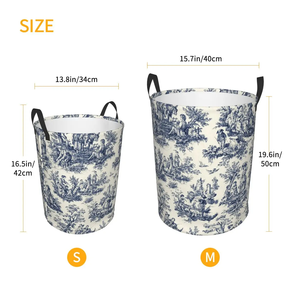 Custom Vintage Toile De Jouy Laundry Basket Collapsible Navy Blue And White Clothes Hamper for Nursery Kids Toys Storage Bag