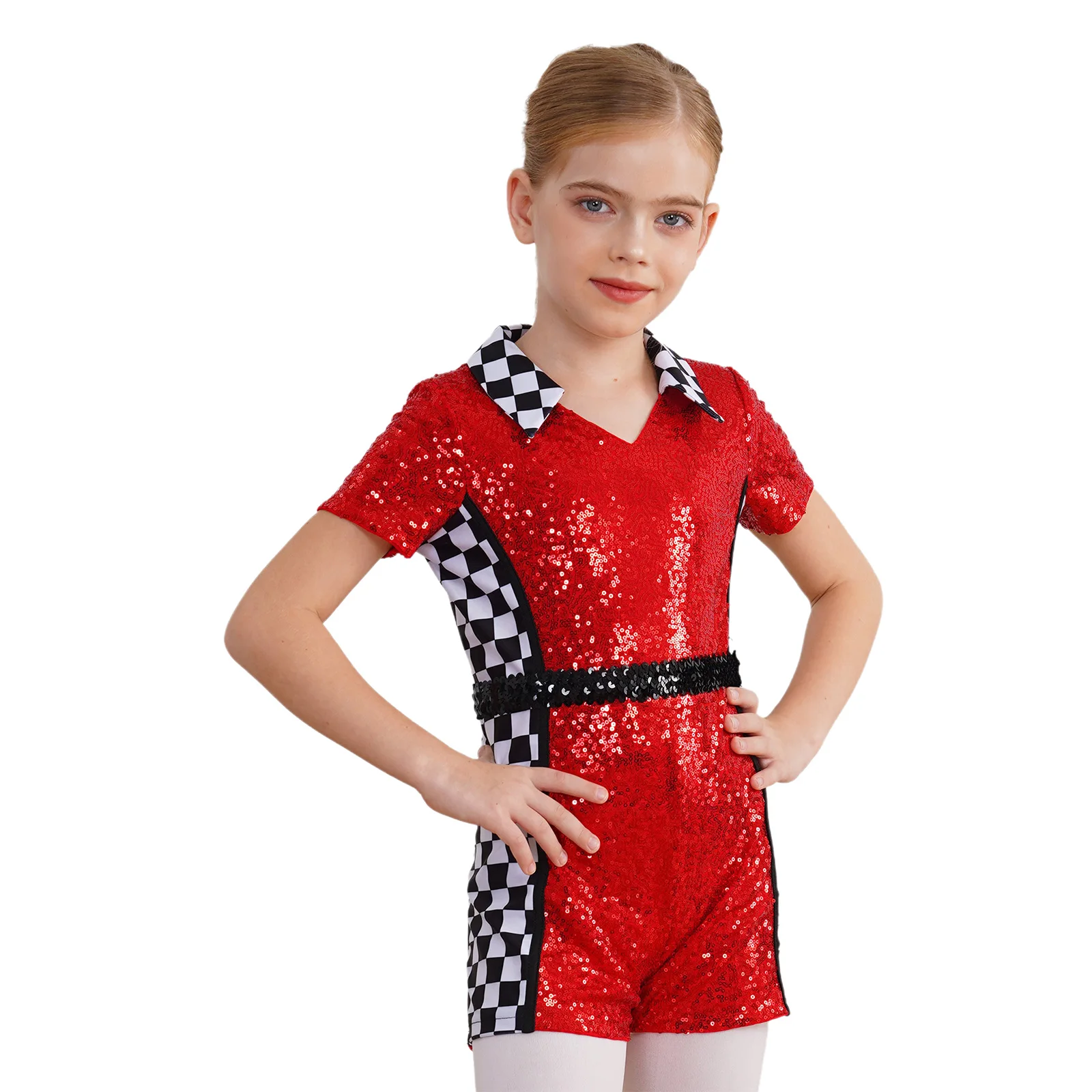 Kids Girls Racer Car Driver Costume Millennium Short Sleeve Checkerboard Print Bodysuit Shiny Sequins Halloween Costume